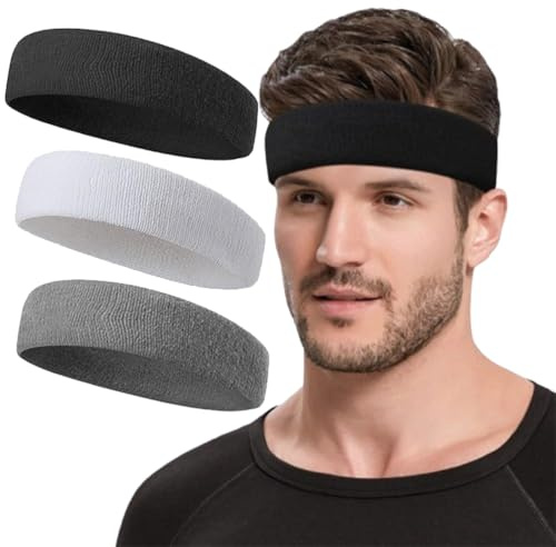 JchEnye 3 Sportstirnbänder — Sportstirnbänder für Männer und Frauen, schweißabsorbierende Stirnbänder, schweißabsorbierende Sportstirnbänder aus Baumwollfrottee (schwarz/weiß/grau).