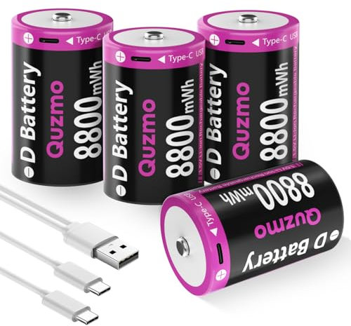 Piles Rechargeables Type D, 8800mWh Lithium 1,5V D Cell Battries avec USB-C Charge Cable D Size Battery, Rechargeables jusqu'à 1 200 Fois, Lot de 4