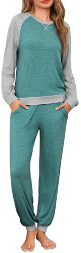 Leversic Pyjamas for Women Raglan Sleeves Winter Long Pyjama Set Color Blocking Lightweight Nightwear Pjs Top and Sleep Bottoms With Pockets(Cobalt Blue,S)