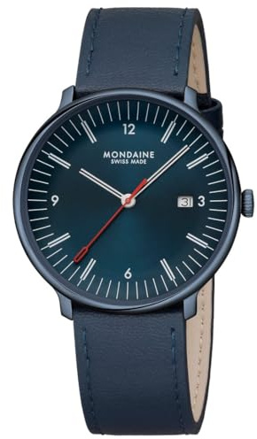 Mondaine Doppio 41mm Swiss Quartz Watch - Vintage Charm, Blue Dial, Sapphire Crystal, Date, 5 ATM Water-Resistant, Recycled Stainless Steel Case, Vegan Apple Leather Strap