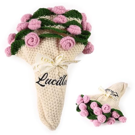 Presentimental Coperta Personalizzata All'uncinetto con Bouquet di Fiori con Nome Fatta a mano Scialle Regalo per Donne Compleanno Festa della mamma San Valentino (Rose rosa)