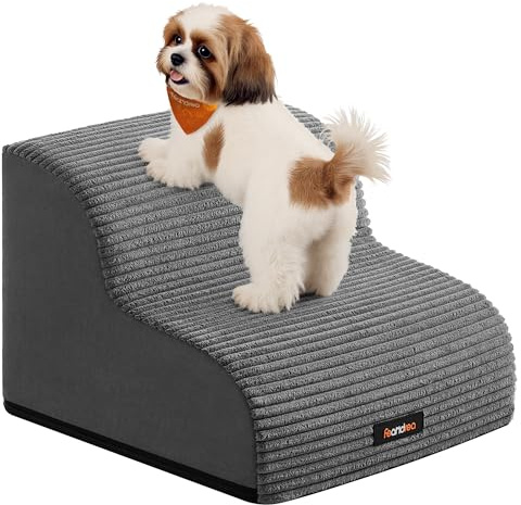 Feandrea 2-Step Dog Stairs, Corduroy Dog Steps for Bed, Sofa, Waterproof Pet Stairs with Anti-Slip Designs, Gentle Slope, Removable Washable Cover, Handle, Slate Grey PPS002GN01