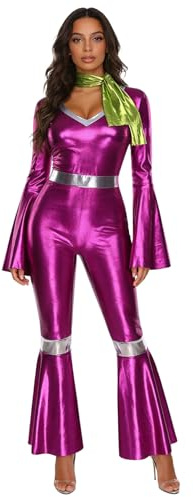 Rswnyirn dam vintage disco outfit jumpsuit jumpsuit disco kostym båt cut med halsduk temafest prestanda kostym