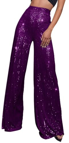 Pantalon Paillette Femme Taille Haute pour Pantalon Large Femme Scintillant avec Taille Élastique Vêtements de Fête à Paillettes pour Soirée de Fête Noël et Carnival Long Pantalons (01 Purple, L)