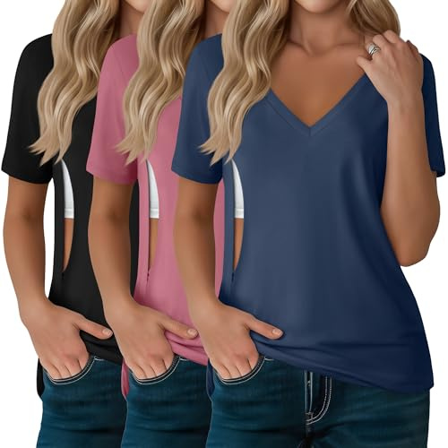 Xuniea Pack de 3 Camisetas de Lactancia para Mujer, Tops de Lactancia con Cremallera Oculta para Amamantar y Sacaleches, Cuello en V Manga Corta