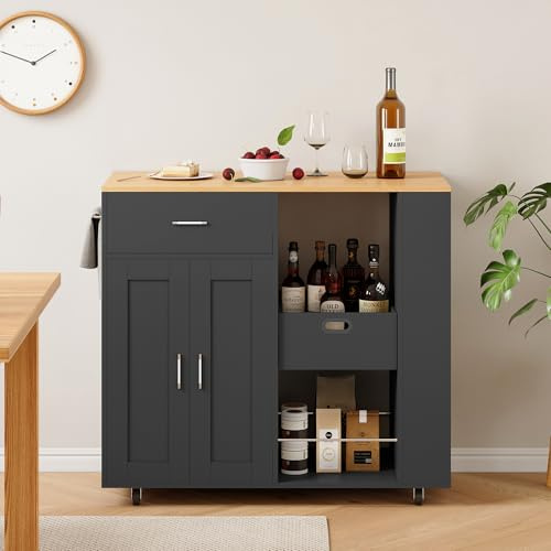 Quiaviank Carrito de servicio con cajón, carrito de cocina con encimera y ruedas, armario de cocina con 2 puertas y 2 particiones abiertas, carrito de bar independiente para cocina y comedor