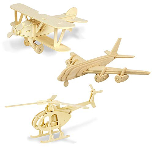 Georgie Porgy Hölzerne 3D Puzzle Sammlung Puzzle Modell Kit Baukasten Holzhandwerk Kinder Holzbausatz Pädagogisches Spielzeug DIY Geschenk Packung 3 (Albatros Zivile Flugzeuge Hubschrauber)