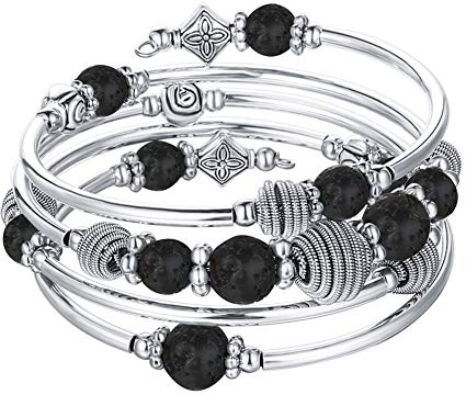 Bulinlin Silber Wickelarmband mit Naturstein Perlen Boho Mehrschichtiges Damen Armbänder Geburtstags Modegeschenk für Frauen(Lava Stone)