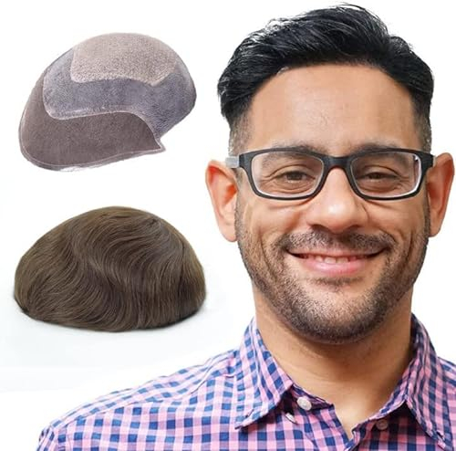 Lordhair Knotenlos Toupet für Männer, Haut Eben Injiziert Spitzenfront Mensch Haar System, Basisgröße 8x10 Zoll Leichte Mittlere Dichte Herren Haarteil