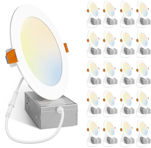 Amico 20 Pack 6 Inch 5CCT Ultra-Thin LED Recessed Ceiling Light with Junction Box, 2700K/3000K/4000K/5000K/6000K Selectable, Dimmable Can Light, 1200LM High Brightness Downlight,15W Eqv 130W,ETL