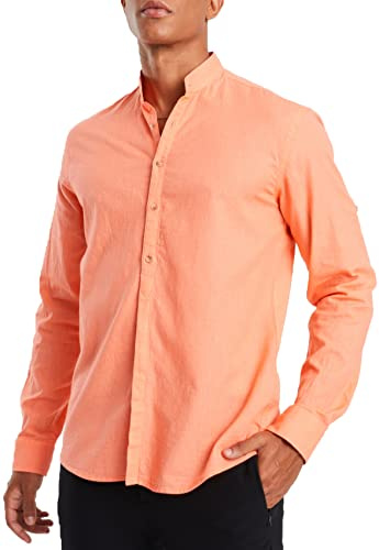 Leif Nelson Chemise en lin pour homme avec col montant, mélange de lin et de coton, loisirs et affaires, retroussée à manches courtes grâce au bouton cousu, Rose saumon, M