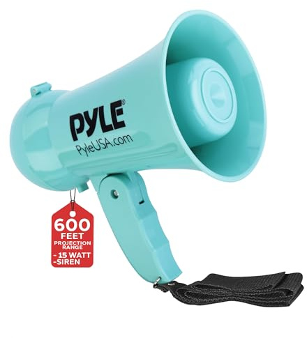Pyle 15W Portable Bullhorn Megaphone Speaker with Built-in Dynamic Microphone, Siren & Talk Switch, Adjustable Volume, Up to 600 ft Range, Ergonomic Handle, Battery Operated (6x AA), Indoor/Outdoor