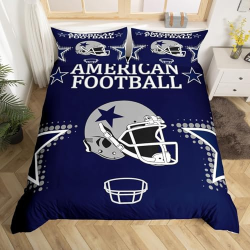 American Football Duvet Cover Full Size Rugby Helmets Bedding Set 3pcs for Kids Boys Teens Men Bedroom Decor Ball Sports Gaming Comforter Cover Modern Grey Stars Print Quilt Cover,Navy Blue