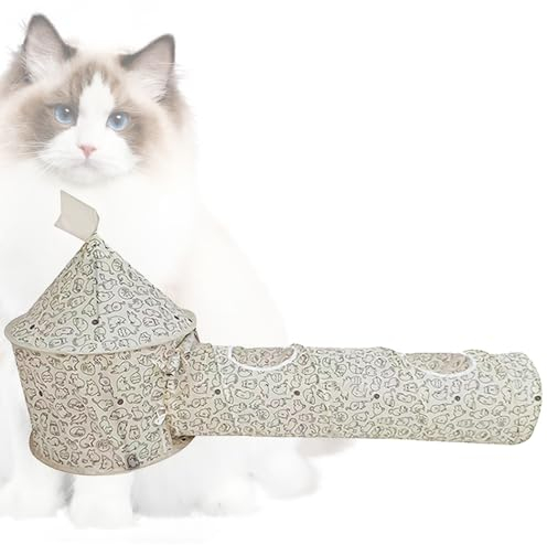 Tuzsocr Faltbar Tunnel für Katzen, Zeltf ür Katzen Groß Katzentunnel Katzenspielzeug mit Ball D45*31.5 * 64 D25*94CM (Weißes Kätzchen)