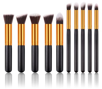 Jaimela Pennelli Make Up, Pennelli Trucco 10 Pezzi Premium Set Viso e Occhi, per il Trucco, Eyeliner, Ombretto, Sopracciglia, Fondotinta Liquido[ Oro nero ]