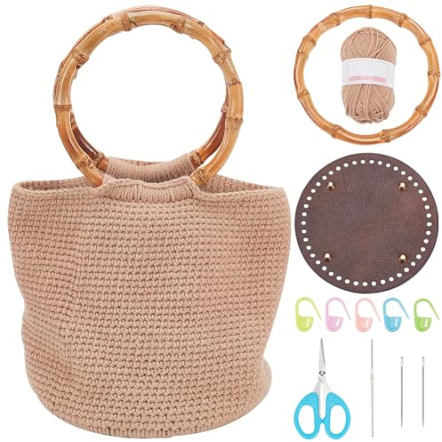 FREEBLOSS DIY Bamboo Handle Handbag Crochet Kit Crochet Bag Kit Including All Crochet Accessories Crochet Starter Kit for Beginners Crochet Yarn, Crochet Hook Crochet Gift