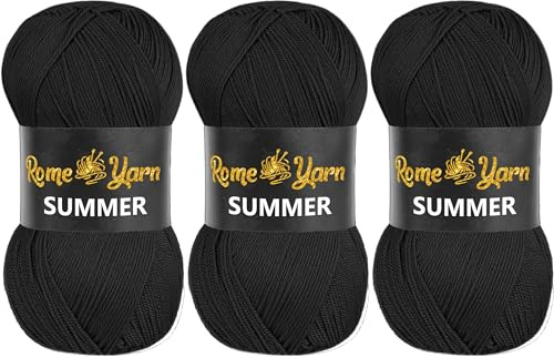 Rome Yarn Verano | Efecto seda | 100 g | 350 m | 100 % microfibra / hilo acrílico antibolitas | Hilo para tejer a mano | Hilo para tejer verano | Hilo de ganchillo (3, 940 negro)