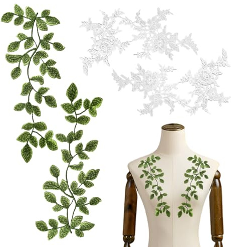 2 pares de encaje bordado, flores y hojas verdes, tela decorativa para apliques y adornos de vestido