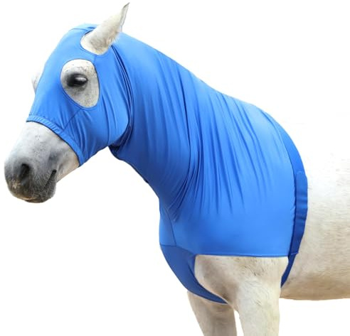 Capuche extensible pour cheval avec fermeture éclair, couverture intégrale du visage et du cou pour une protection contre les démangeaisons – Mane Braid Épaule et bouclier anti-mouches Bleu Taille XXL