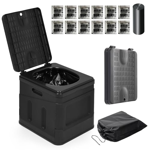 Warmiehomy Portable Camping Toilets for Adults with Absorbent Gel Powder, Outdoor Foldable Toilets, Compact Travel Toilet for Adult Potty, Compost Toilet for Hiking, Car Camping, Fishing(Black)
