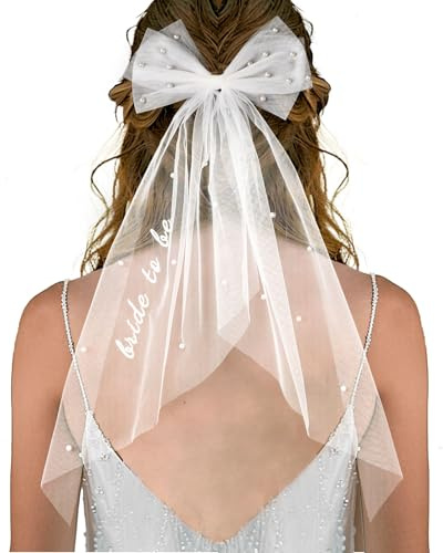 Muorruo Bridal Veil with Embroidered Hair Bow for Hen Party, Bridal Shower, Tulle, Pearl, 2-Tier Bow Veil, Engagement Accessory, Hen Party