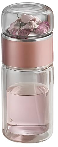 Botella de té de vidrio de doble pared de 16.9 onzas con infusor, vaso de hojas sueltas resistente al calor, taza de viaje para bebidas frías y calientes, color oro rosa