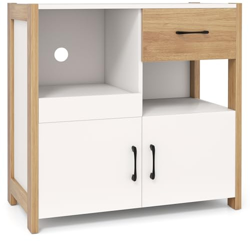 COSTWAY Storage Cabinet, Wooden Buffet Sideboard with 2 Doors, Drawer, Open Compartments & Pull-Out Shelf, Modern Farmhouse Coffee Bar Cabinet Display Cupboard Organiser for Dining Living Room Hallway