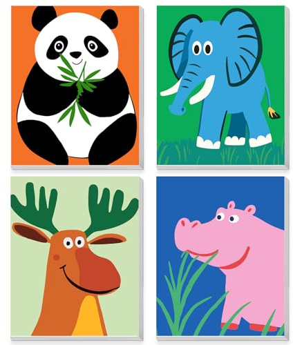 QENSPE Pintura por Números para Niños con Marco Edad 6-12, 4 piezas Animal Paint by Numbers Kit para Adultos Lienzo Enmarcado Pintura Decoración Niño Regalo, 20x25cm, Panda+Elefante+Reno+Hipopótamo