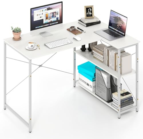 LIFEZEAL Escritorio en Forma de L Reversible, Escritorio de Ordenador con 3 Estantes de Almacenamiento, Patas Ajustables, Estructura de Metal, 118 x 86 x 74,5 cm