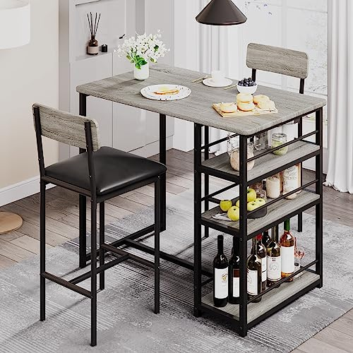 3 Piece Bar Table Set, Dining Table Set with 2 Upholstered Stools, 3 Open Storage Shelves, Breakfast Kitchen Furniture Sets with Wine Racks & Spice Rack for Home Bistro Pub Cafe Restaurant Apartment-A