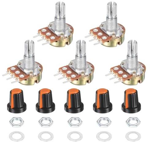 sourcing map 5 Set WH148 1K Potentiometer Kit, Ohm Variable Resistor Linear Taper Adjustable Rotary Potentiometer for Audio Applications Devices with Plastic Knobs Nuts and Washers, Orange