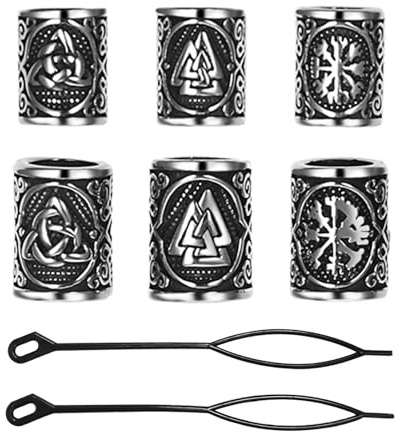 Flongo skäggpärlor set viking hårsmycken kvinnor att klämma – 316 l rostfritt stål skäggpärla viking hår & skäggsmycken med runor och kompasssymbol – nordisk viking stil tillbehör för män kvinnor
