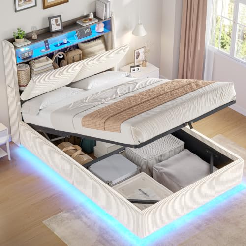 AOGLLATI Lit Coffre 90×200 avec LED RVB à 360° et Multiprise, Lit 1 Personne avec Tête de Lit Capitonné et Rangement Caché,Cadre de Lit 90x200 avec Hydraulique Lit Enfant en Velours Côtelé Beige