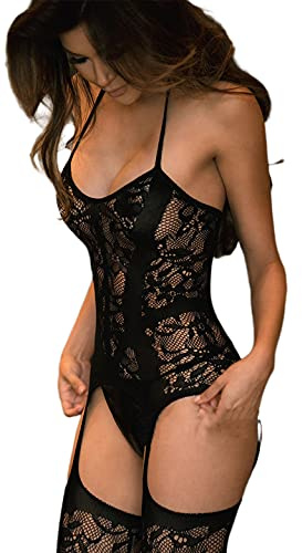 JFAN Conjunto de Ropa Interior de Jacquard para señoras Body de Encaje con Cuello Colgante de Tul sin Tanga-Negro