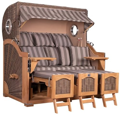 Strandkorb Teakholz Volllieger Strandstuhl Liegestuhl PE Geflecht Grey Düne Grand XXL TEAK Dessin 537 Bullauge inkl. 4 Kissen Wechselpolster Strandkörbe aus Teak Garten Wintergarten und Terrassen