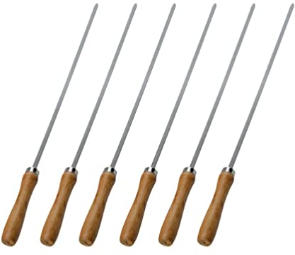 HMTE 6 pz Manico in Legno Barbecue Spiedi in Acciaio Inox Kebab Spiedi Piatto di Metallo Spiedi Grigliate Spiedi Falò Arrostire Forchetta per La Casa All'aperto