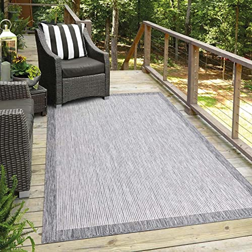 carpet city Teppich Outdoor Wetterfest - Grau - 200x290 cm - Bordüre - Balkon Teppich Wasserabweisend - In-& Outdoor Teppiche für Terrasse, Garten, Küche, Bad oder Wohnzimmer