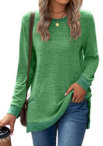Famulily Hauts longs pour femmes avec col rond et manches longues en coton à blocs de couleur avec poches, Vert, M