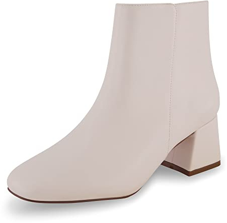CUSHIONAIRE Nexus Chunky Heel Boots for Women, Stylish Vegan Leather Dress Ankle Booties with Memory Foam and Side Zipper, IVORY 6