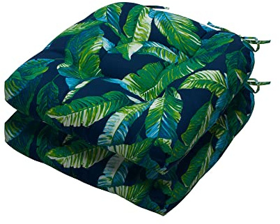 Magpie Fabrics 19x19 Tufted Seat Cushion 2 Pack, U-Shaped Patio Cushions with Ties, Outdoor/Indoor Chair Pads Waterproof for Dining Garden Balcony Office -Green Lagoon Leaves