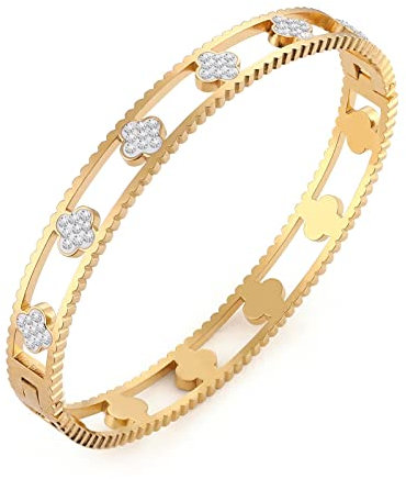 GAUEIOUR Lucky Leaf Bracelet,Simple Titanium Steel Studded Diamond Hollow Buckle Bracelet for Women,Stainless Steel Light Luxury Zircon Bracelets (Gold)