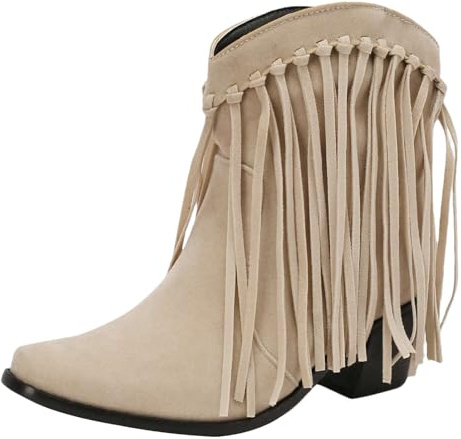 rismart Donna Cowboy Stivaletti Frange Vitello Largo Piccolo Punta Quadrata Western Bootie Beige, 39 EU