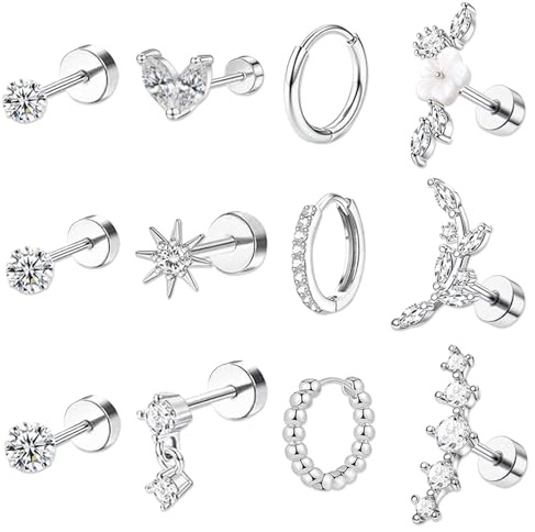 DAVBNM 12Pcs Helix Piercing Jewellery Steel Earrings Flat Back Conch Stud Flower Ear Piercing Helix Hoop Cartilage Earrings Silver Conch Daith Tragus Diamonds Top Stud for Nose (Silver)
