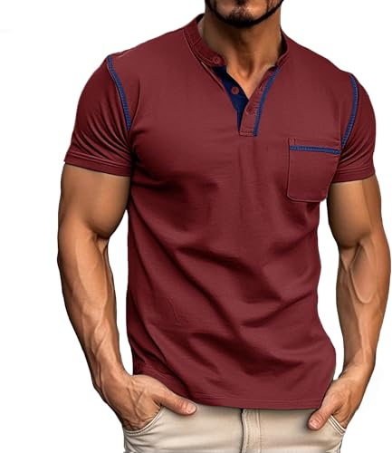 Donason Camiseta de Manga Corta para Hombre Camisa Henley Casual de Verano T-Shirt Básico Cuello Redondo con Botónes y Bolsillo