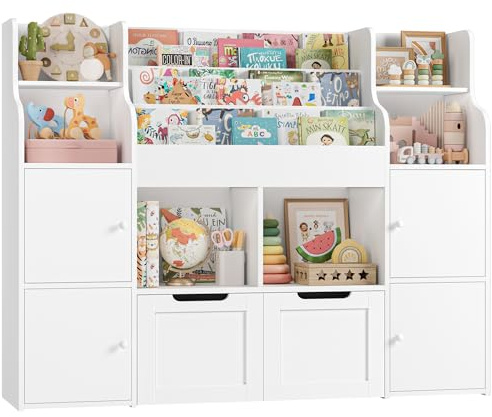 FOREHILL Toy Storage Unit 3-tier Kids Bookshelf Childrens Bookcase Kids Storage with 4 Doors, 6 Open Shelves, 2 Drawers with Wheels for Playroom Nursery Furniture 122x30x100cm White
