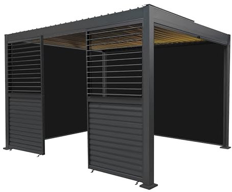 Metal Pergola 3m x 4m Grey With 3 Retractable Anthracite Mesh Blinds 2 x Louvre Side Panels & LED Lights Tilting Canopy Roof Aluminium Outdoor Garden Gazebo Shelter Tools & Ground Bolts Included