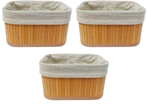Acan Tradineur - Pack de 3 cestas rectangulares de bambú, incluyen forro interior de tela extraíble y lavable, ligeras, organización del hogar (Color natural - 20 x 14 x 10,2 cm)