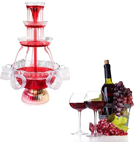 4-nivåer LED-upplyst vinfontän – cocktailjuice i akryl med 5 återanvändbara koppar, perfekt för bröllop, fester, juldekor och dryckesfördelning.