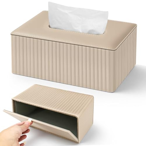 Caja de pañuelos KXVXXV, dispensador de pañuelos, piel, madera, beige, minimalista, 25 x 13,5 x 11,5 cm, para baño, salón, comedor, oficina, mesa de café, dormitorio
