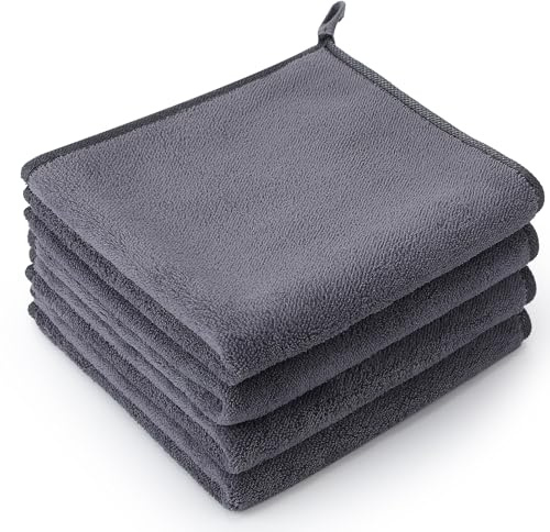 saerryor 4 Pack Microfiber Hand Towel, Soft Absorbent Hand Towels with Hanging Loop, Small Guest Towel Quick Dry Grey Hand Towels for Kitchen Bathroom Spa, 40 x 40 cm